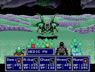 Phantasy Star IV's Demi uses Medic Password! I mean Medic Power. I think that's what it stands for, anyway.